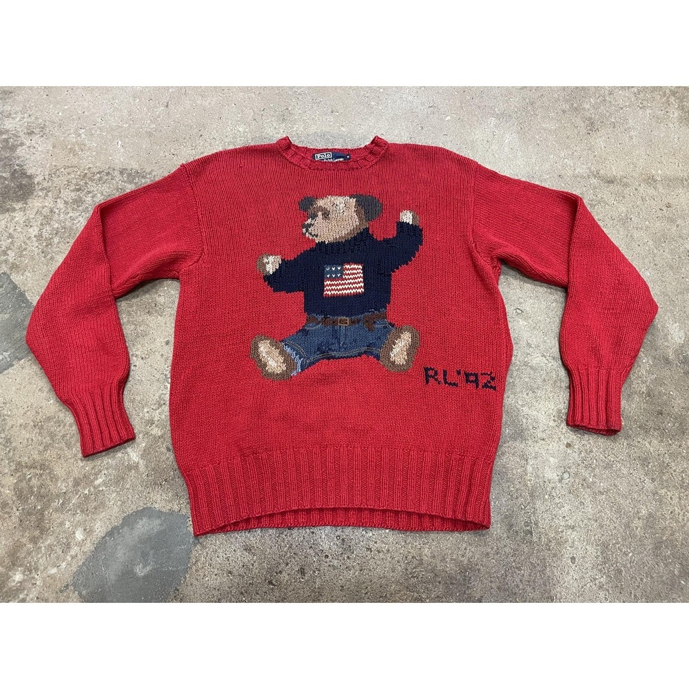 Vintage Polo Ralph Lauren Sweater Mens Medium Red Hand Knit RL 92 Polo Bear Flag